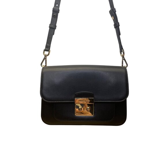 Michael Kors Black Leather Women’s With Gold-Tone Lock Closure Crossbody Bag - Picture 2 of 12